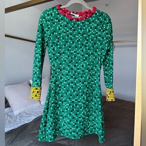 Vtg 60s Green Geometric Long Sleeve Dress Women’s Mod Pixel Mini Space Age Disco
